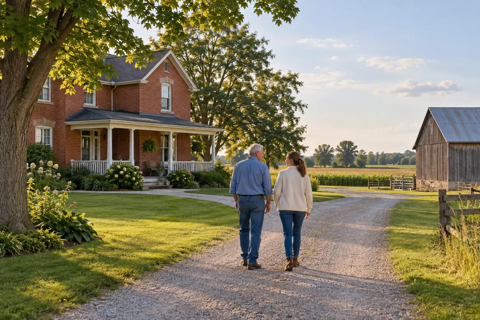 Two generations walking beside a red-brick farmhouse, barn, and fields